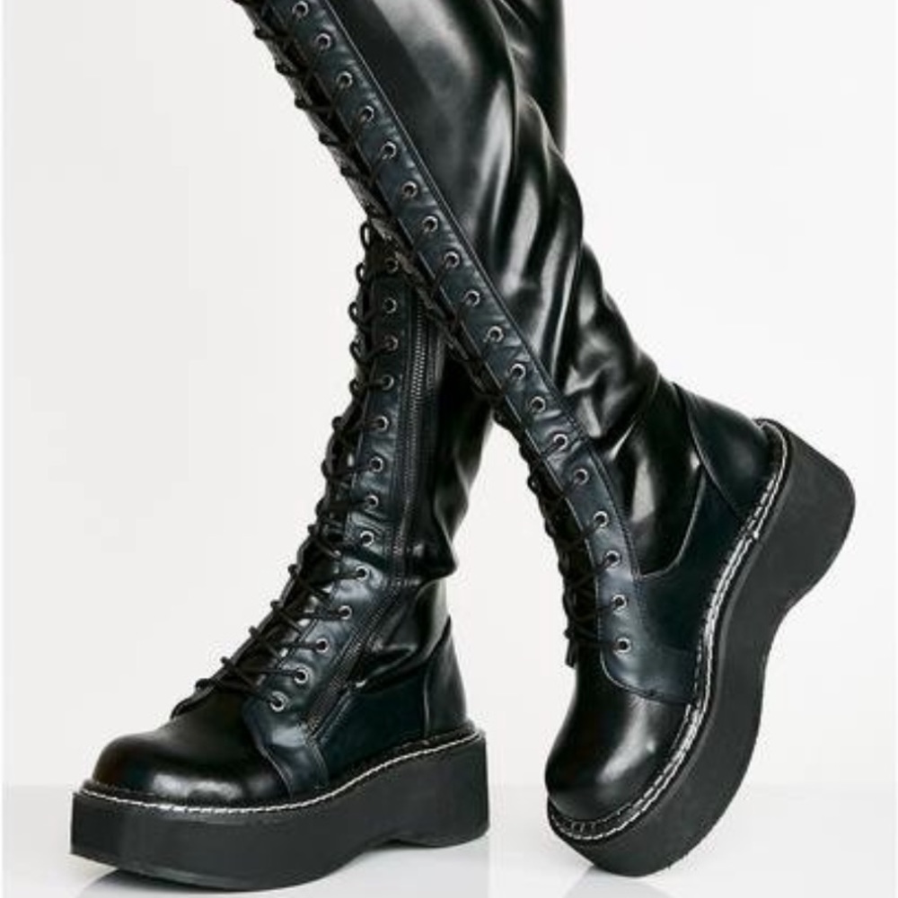 Demonia Hellraiser lace-up knee high boot